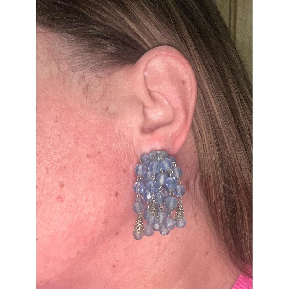 Vintage 1950s West Germany Blue Lucite Tassel Cluster Clip Earrings